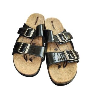 Romika Black Patent Leather Cork Sandals Slides Buckle Straps EU 42 US 11